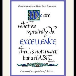 Custom &quot;Excellence&quot;,  Motivational Gift, Free personalizing,  Reward Success, hand lettered print, [rofessionally matted and framed, 8&quot;x10&quot;