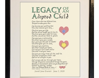 Custom Single Parent Adoption Gift, 8" x 10, matted and framed, hand-lettered and personalized by Jacqueline Shuler