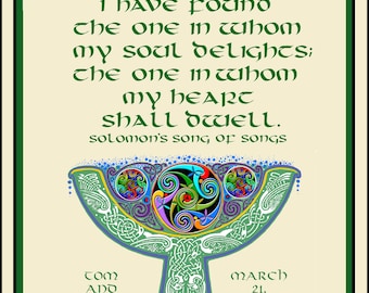 Custom Irish Celtic Wedding Gift, authentic 10th century lettering and design, Free personalizing, matted & framed,  11"x 14"