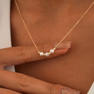 14K Solid Gold Pearl Necklace, Gold Wedding Necklacee with Pearls, Anniversary Gift