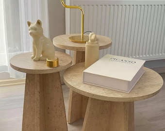 Scandinavian Nesting Tables Set of 3, Travertine Look Coffee Tables, Modern Round Side Tables for Living Room