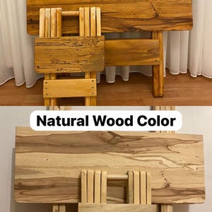 May include: Two wooden folding tables and chairs, one in walnut color and the other in natural wood color. The text "Walnut Color" and "Natural Wood Color" are displayed above each set. The tables and chairs are made of wood.