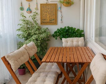 Juego de mesa y sillas plegables rústicas, juego de comedor compacto de madera para balcón, muebles de patio hechos a mano para espacios pequeños.