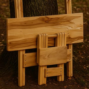 May include: A light-colored wooden folding table with a rectangular tabletop and a smaller, folded section. The table has a handle and is supported by four legs. The wood grain is visible, and the table is positioned outdoors near a tree.