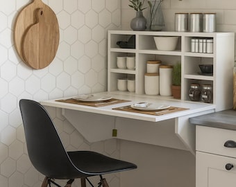 Smart Foldable Wall Mounted Table with Shelves, Folding Wall Table, Space Saving Table for Small Kitchen, Minimalist Table