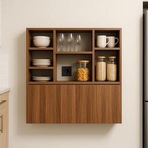 Könnte beinhalten: Ein moderner, an der Wand befestigter Küchenschrank aus Holz mit mehreren Fächern. Er enthält weiße Schalen, Teller, Weingläser, Tassen und Gläser mit Lebensmitteln. Der Schrank hat eine dunkle Holzoberfläche und eine untere Schranktür.