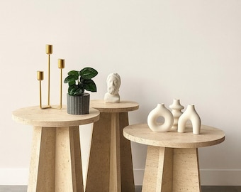 Modern Travertine Side Table Set – Minimalist Natural Stone Table – Round Pedestal Accent Table – Luxury Handmade Coffee Table – Organic Mod