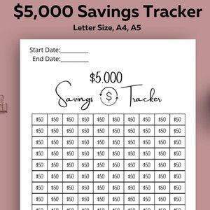 5k Savings Tracker, Printable, Savings Goal, Savings Challenge, 5,000 Tracker Planner, Letter Size, A5, A4 image 1