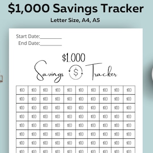 1k Savings Tracker, Printable, Savings Goal, Savings Challenge, 1,000 Tracker Planner, Letter Size, A5, A4 Emergency Starter Fund