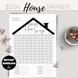 May include: A printable house savings tracker with a black and white house graphic. The tracker includes a grid to track savings in $300 increments and a section to track total savings in $3,000 increments up to $30,000.