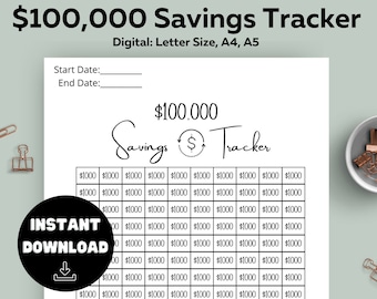 100k Savings Tracker, Instant Download,Printable, Savings Goal, Savings Challenge, 100,000 Tracker Planner, Letter Size, A4 A5, PNG