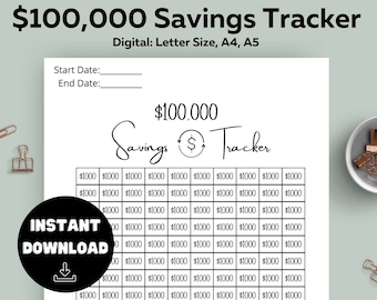May include: A printable savings tracker with a grid to track $1,000 increments towards a $100,000 savings goal. The tracker has a title that says "$100,000 Savings Tracker".