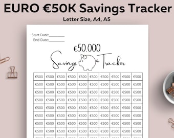EURO 50k Savings Tracker, Printable, Savings Goal, Savings Challenge, 50,000 Tracker Planner