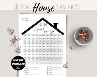 May include: A printable house savings tracker with a black and white house graphic. The tracker includes a grid to track savings in $300 increments and a section to track total savings in $3,000 increments up to $30,000.