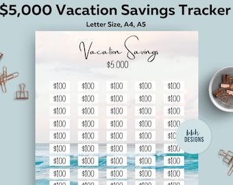 Rastreador de ahorros de vacaciones de 5k, imprimible, objetivo de ahorro, rastreador de playa, planificador de seguimiento, objetivo de viaje de 5000