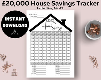 20k UK pounds House Savings Tracker, Instant Download, Printable, Savings Goal, House Tracker, 20,000 House Tracker Planner, 8.5 x 11,A5,A4