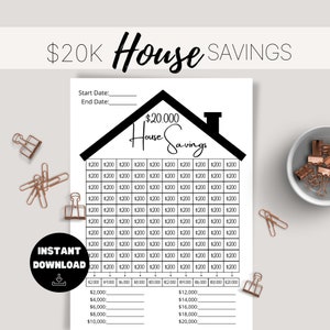May include: A printable house savings tracker featuring a black and white illustration of a house. The tracker has a grid with 100 squares, each representing £200. The tracker also has a section for tracking savings milestones from £2,000 to £20,000.