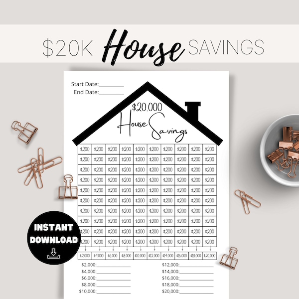 20k Savings Challenge House Tracker Instant Download Printable Savings Goal New House Money Tracker 20,000 House Tracker Planner Insert