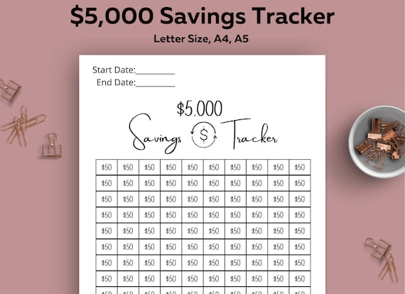 5k Savings Tracker, Printable, Savings Goal, Savings Challenge, 5,000 Tracker Planner, Letter Size, A5, A4