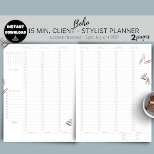 Puede incluir: Un planificador imprimible en blanco y negro para estilistas con una estética boho. El planificador está diseñado para citas de 15 minutos e incluye un rastreador de ingresos diario. El planificador mide 8,5 pulgadas por 11 pulgadas y tiene dos páginas.