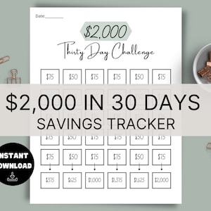 Peut inclure: Un tableau de suivi d'épargne imprimable avec un design noir et blanc. Le tableau est intitulé "2 000 € en 30 jours Suivi d'épargne". Le tableau est divisé en 30 cases, chacune avec un montant en euros. Les montants augmentent de 75 € à 2 000 €.