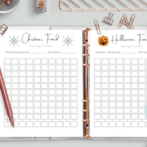 May include: A printable savings tracker with two pages, one for Christmas and one for Halloween. The Christmas page features a snowflake and the text "Christmas Fund Savings Tracker". The Halloween page features a pumpkin and the text "Halloween Fund Savings Tracker".