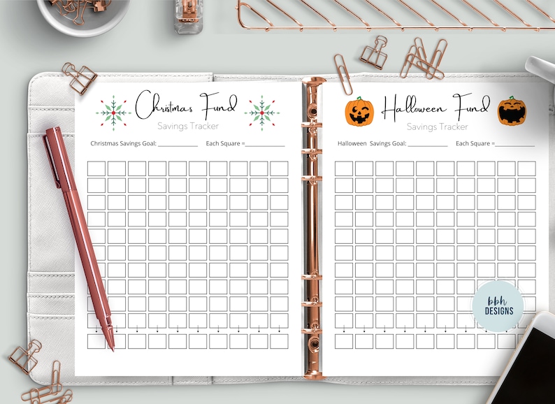 May include: A printable savings tracker with two pages, one for Christmas and one for Halloween. The Christmas page features a snowflake and the text "Christmas Fund Savings Tracker". The Halloween page features a pumpkin and the text "Halloween Fund Savings Tracker".