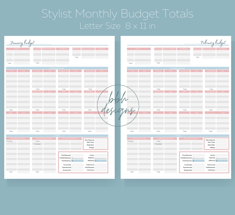 Hairstylist, Nail Tech, Printable Monthly Budget, Expense, Tax