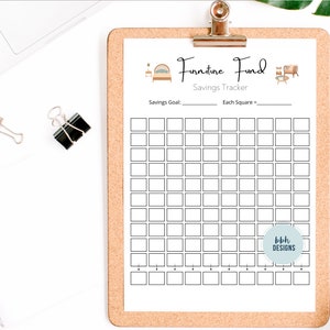 May include: A printable furniture fund savings tracker with a grid of squares to color in as you save. The tracker has a title that says "Furniture Fund Savings Tracker" and includes illustrations of a bed and a chair.