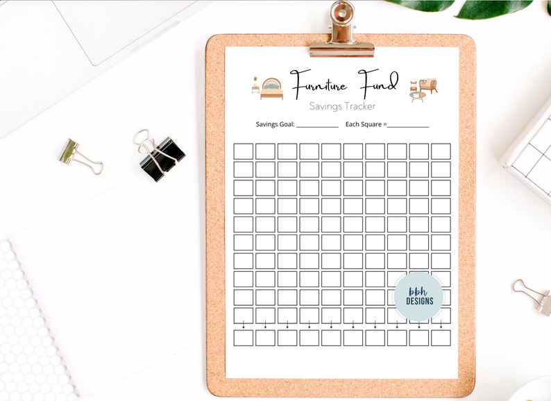 May include: A printable furniture fund savings tracker with a grid of squares to color in as you save. The tracker has a title that says "Furniture Fund Savings Tracker" and includes illustrations of a bed and a chair.