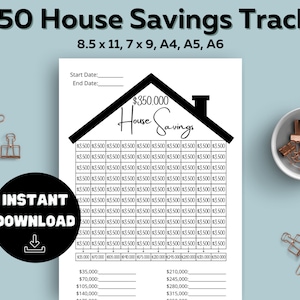 Puede incluir: Un rastreador de ahorros para una casa imprimible con un diseño en blanco y negro. El rastreador presenta una forma de casa con una chimenea y el texto "350.000 € Ahorros para una casa". El rastreador incluye una cuadrícula para rastrear los ahorros en incrementos de 3.500 € y una sección para rastrear los hitos de los ahorros.