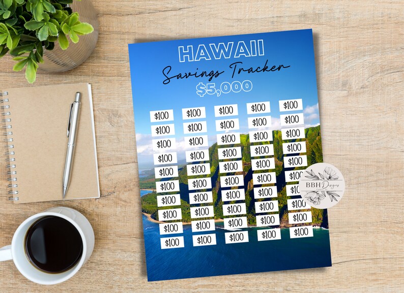May include: A printable savings tracker with a tropical Hawaiian landscape background. The tracker is designed to help you save $5,000. It features a grid of 50 squares, each representing $100.