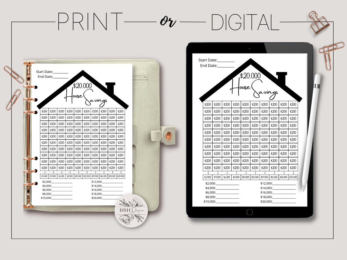 20k Savings Challenge House Tracker Instant Download Printable - Etsy