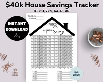 40k House Savings Tracker, Instant Download, Printable, Savings Goal, New House Tracker, 40,000 House Tracker Planner, 8.5 x 11,A5,A4,A6,7x9