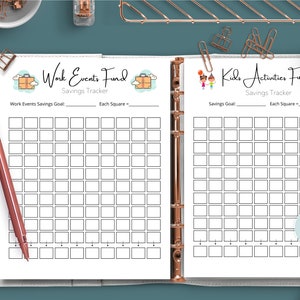 May include: A printable savings tracker with two pages. The left page is titled "Work Events Fund Savings Tracker" and features a suitcase icon. The right page is titled "Kids Activities Fund Savings Tracker" and features a cartoon of two children. Both pages have a grid of squares for tracking savings.