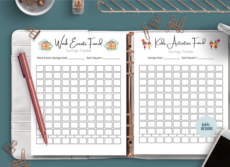 May include: A printable savings tracker with two pages. The left page is titled "Work Events Fund Savings Tracker" and features a suitcase icon. The right page is titled "Kids Activities Fund Savings Tracker" and features a cartoon of two children. Both pages have a grid of squares for tracking savings.