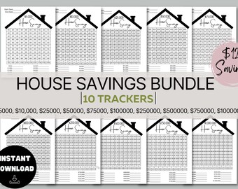 May include: A printable house savings bundle with 10 trackers for different savings goals. The trackers are designed with a house icon and a grid to track progress. The goals are $5,000, $10,000, $25,000, $50,000, $75,000, $100,000, $250,000, $500,000, $750,000, and $1,000,000.