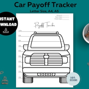 Puede incluir: Un rastreador de pago de automóvil imprimible con una ilustración en blanco y negro de un automóvil. El rastreador tiene líneas para marcar los porcentajes pagados y espacios para escribir el monto, la fecha de inicio y la fecha de finalización.