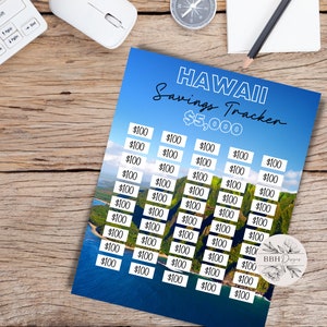 May include: A printable savings tracker with a tropical beach scene. The tracker is designed to help you save $5,000 for a trip to Hawaii. It features 50 boxes, each representing $100.