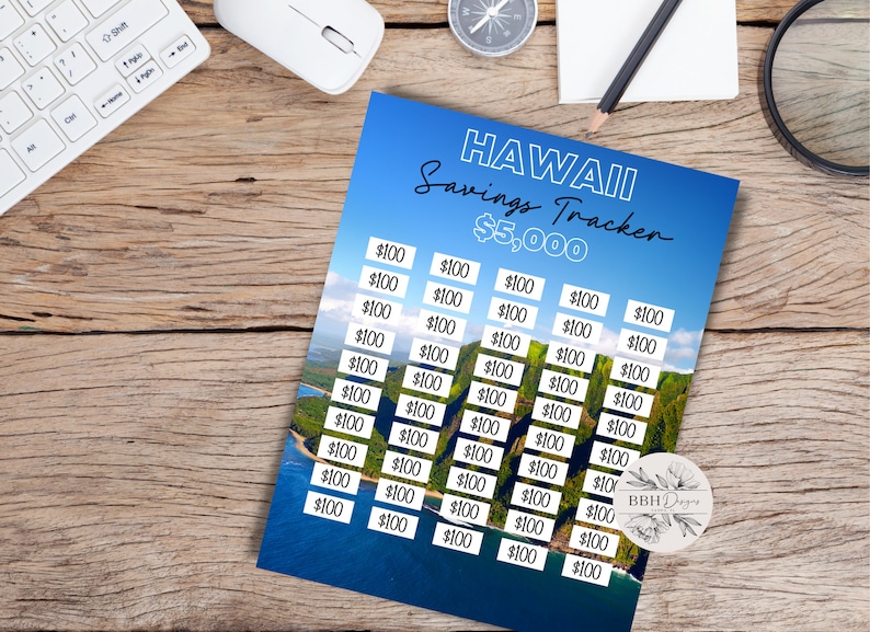 May include: A printable savings tracker with a tropical beach scene. The tracker is designed to help you save $5,000 for a trip to Hawaii. It features 50 boxes, each representing $100.