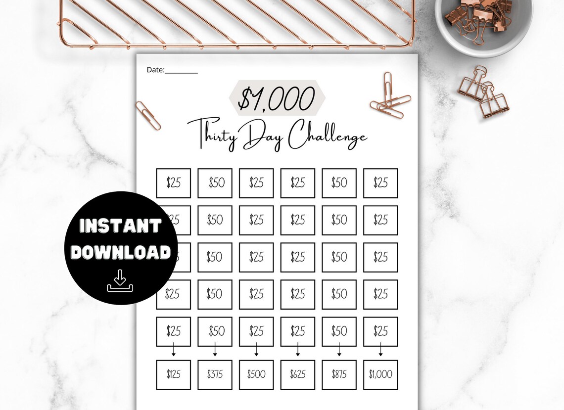 1,000 in 30 Days 1k Challenge Savings Tracker, Printable Savings Goal ...