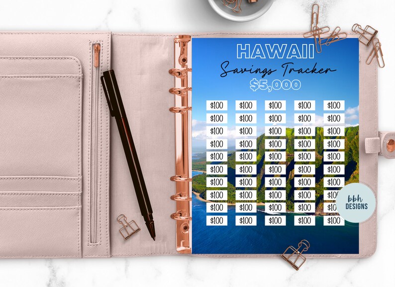 May include: A printable savings tracker for a trip to Hawaii. The tracker has a blue and green background with a mountain range and ocean. The tracker is designed to track $5,000 in savings with 50 rows of $100 increments.