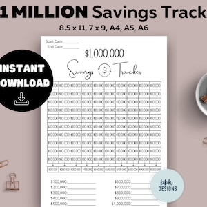 1 MILLION Savings Tracker Printable Planner Inserts Savings Goal Savings Challenge 1,000,000 Tracker Planner PNG Letter Size, A4 A5 A6 7 x 9