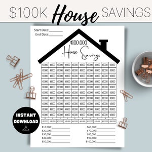 May include: A printable house savings tracker with a black and white design. The tracker has a grid with 100 squares, each representing $1,000. There are lines to track savings milestones from $10,000 to $100,000. The text "$100K House Savings" is at the top of the page.