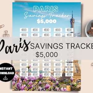 5k Paris Savings Tracker, Imprimible, Savings Goal, Vacation Tracker, Tracker Planner, 5000 travel goal, PNG, Letter Size imagen 1