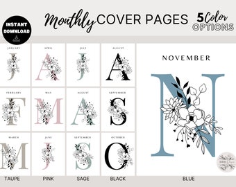 Boho Flower Monthly Cover Pages: 5 Color Planner Inserts (PNG Digital Download)