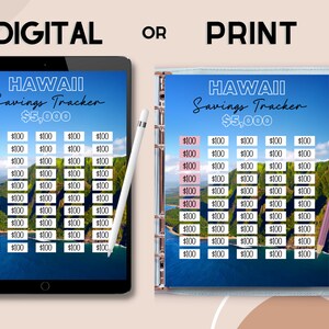 May include: A digital and printable savings tracker for a trip to Hawaii. The tracker is designed to help you save $5,000. The tracker has a grid of 50 squares, each representing $100. The background image is a scenic view of a Hawaiian beach.