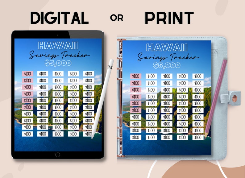 May include: A digital and printable savings tracker for a trip to Hawaii. The tracker is designed to help you save $5,000. The tracker has a grid of 50 squares, each representing $100. The background image is a scenic view of a Hawaiian beach.