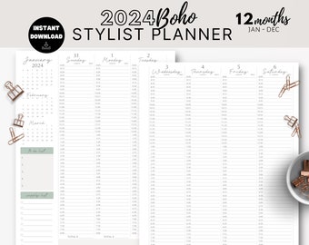 2024 Boho Stylist Dated Planner Esthetician artist Weekly 15 min Income Budget Planner Appointment Book DigitalDownload Scheduling Client