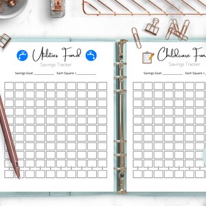 May include: A printable savings tracker with two pages. The left page is for a "Utilities Fund" and the right page is for a "Childcare Fund". Each page has a grid of squares to color in as you save money.